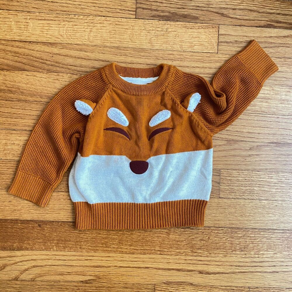 Cat & Jack 12M Fox Face Sweater with Ears Knit Textured Pull Over Unisex Orange